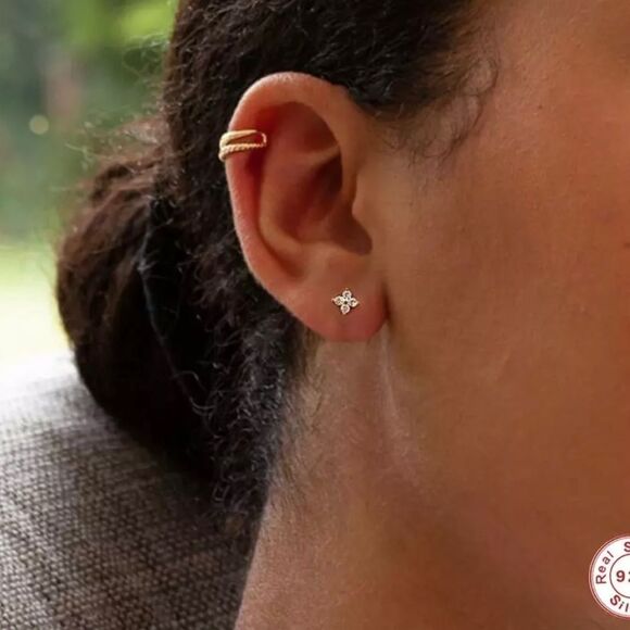 Tiny Stud Sterling Silver Zirconia Earrings - Picture 2 of 5